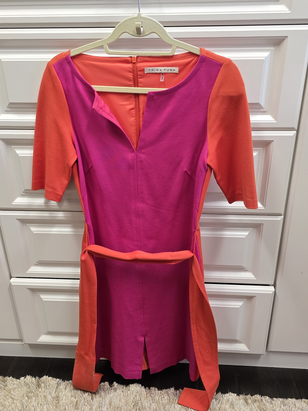 Trina Turk Colorblock Pink and Orange Sheath Dress with Waist Tie